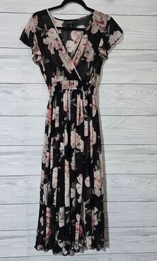 Alexa B Nites Black Floral Shift Maxi Dress 6P Party Event Boho Cocktail